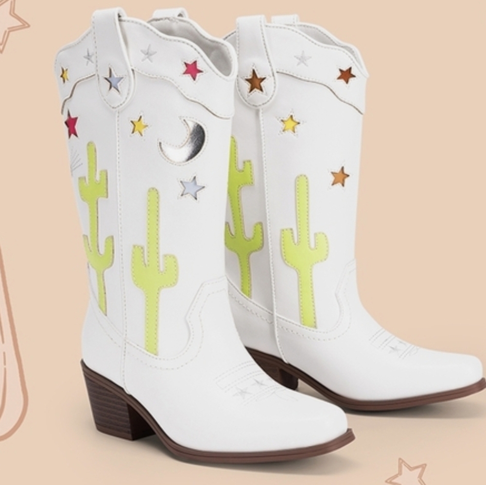 White Cowboy Boots with Cactus and Star Design - Picture 2 of 5